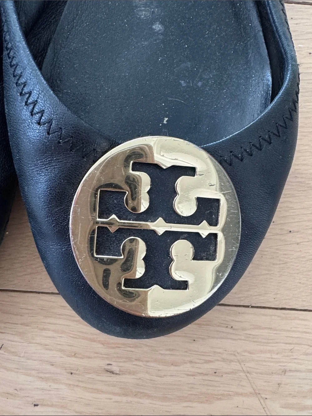 Tory Burch Black Ballet Flats with Gold Logo Medallions